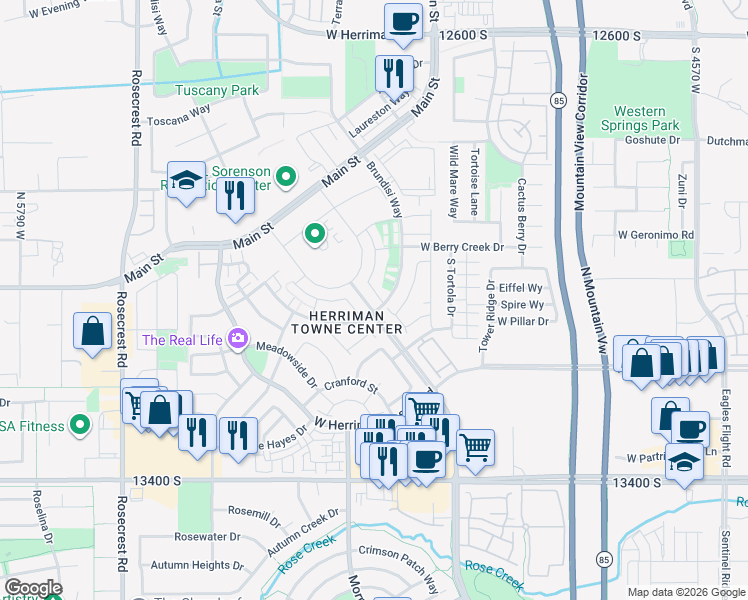 map of restaurants, bars, coffee shops, grocery stores, and more near 13128 Keegan Drive in Herriman