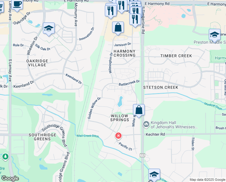 map of restaurants, bars, coffee shops, grocery stores, and more near 5225 White Willow Drive in Fort Collins