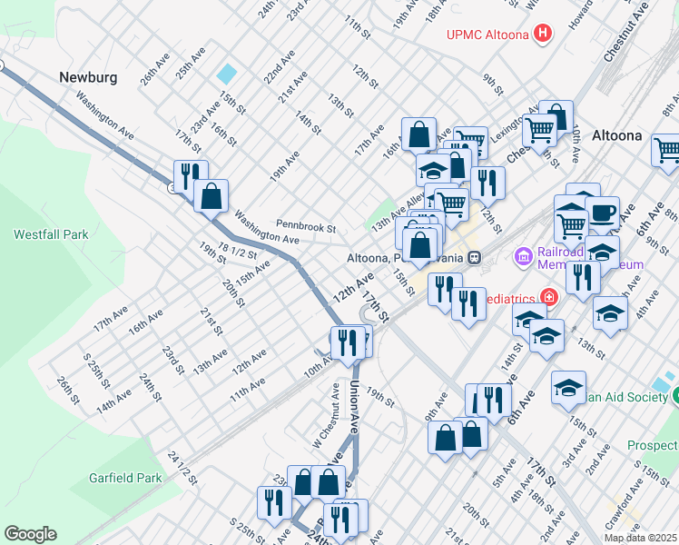 map of restaurants, bars, coffee shops, grocery stores, and more near 1212 17th Street in Altoona