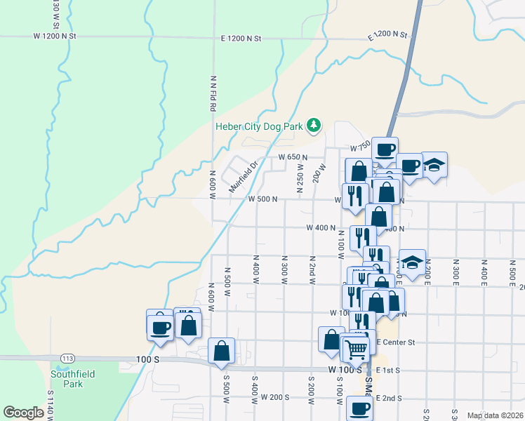 map of restaurants, bars, coffee shops, grocery stores, and more near 458 North 400 West in Heber City
