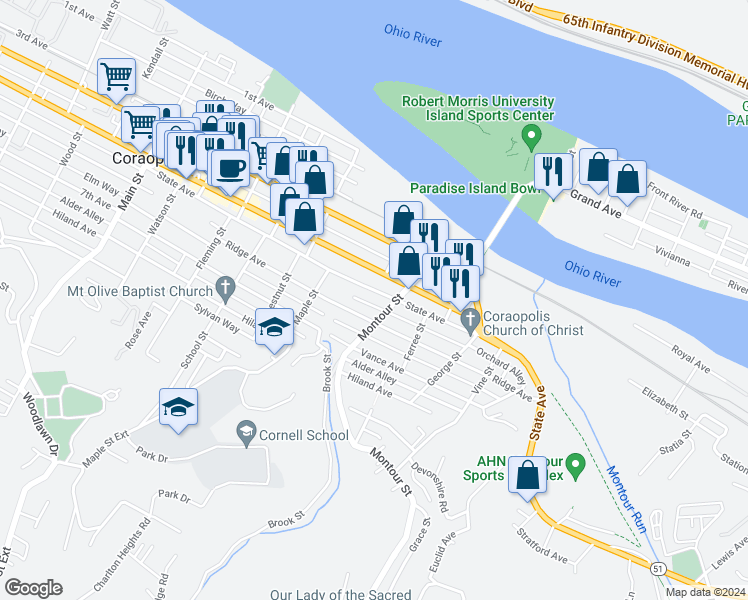 map of restaurants, bars, coffee shops, grocery stores, and more near 1446 State Avenue in Coraopolis