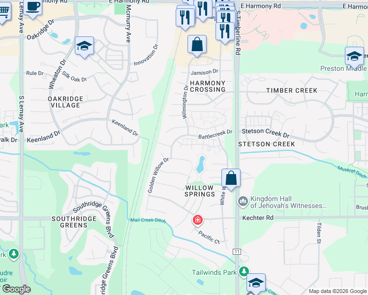 map of restaurants, bars, coffee shops, grocery stores, and more near 5225 White Willow Drive in Fort Collins