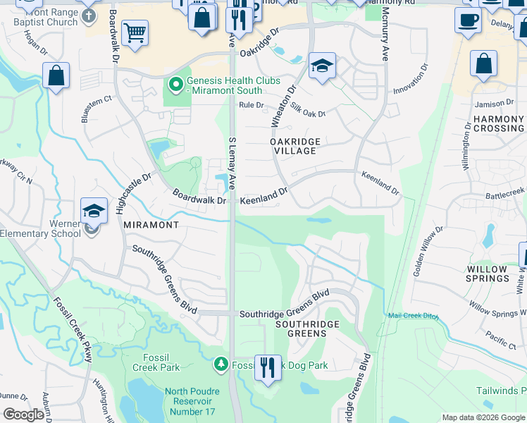 map of restaurants, bars, coffee shops, grocery stores, and more near 1213 Twinberry Court in Fort Collins