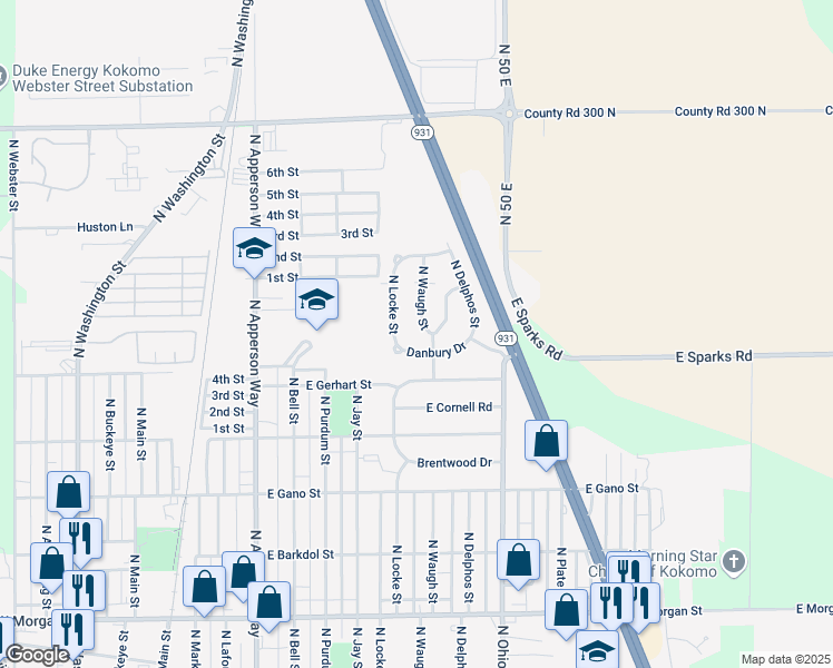 map of restaurants, bars, coffee shops, grocery stores, and more near 906 Danbury Drive in Kokomo