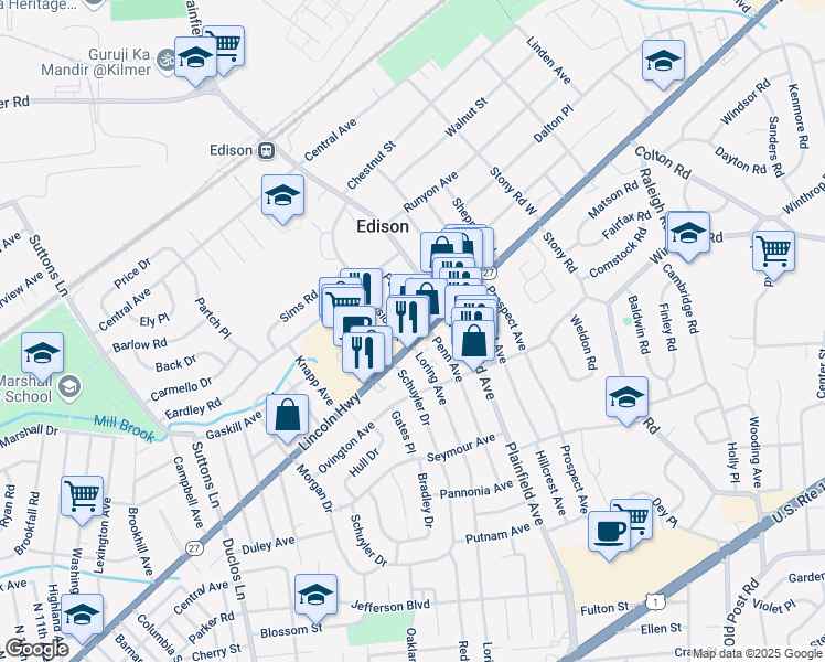 map of restaurants, bars, coffee shops, grocery stores, and more near 1795 New Jersey 27 in Edison