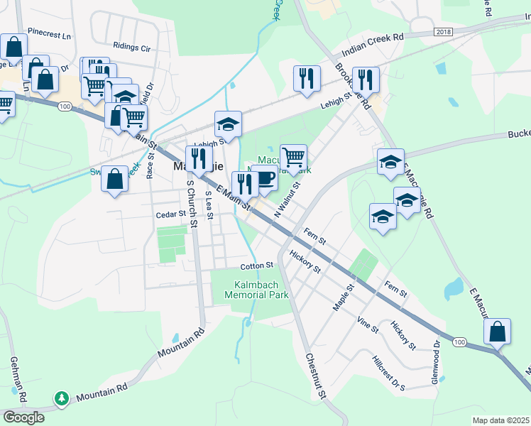map of restaurants, bars, coffee shops, grocery stores, and more near 217 East Main Street in Macungie