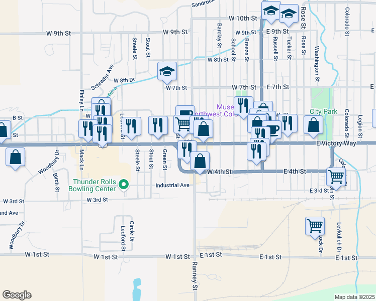 map of restaurants, bars, coffee shops, grocery stores, and more near 463 Ranney Street in Craig