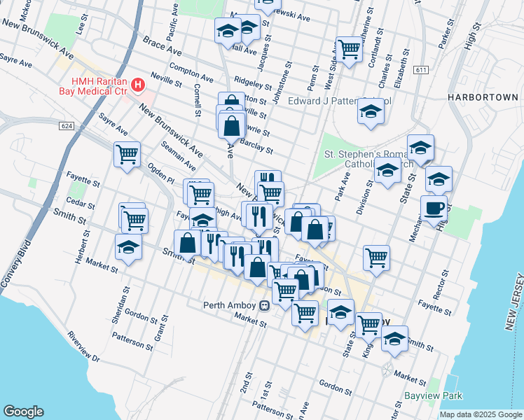 map of restaurants, bars, coffee shops, grocery stores, and more near 375 Oak Street in Perth Amboy
