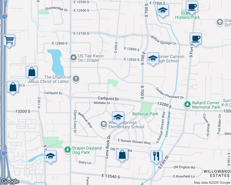 map of restaurants, bars, coffee shops, grocery stores, and more near 572 East Autumn Hollow Court in Draper