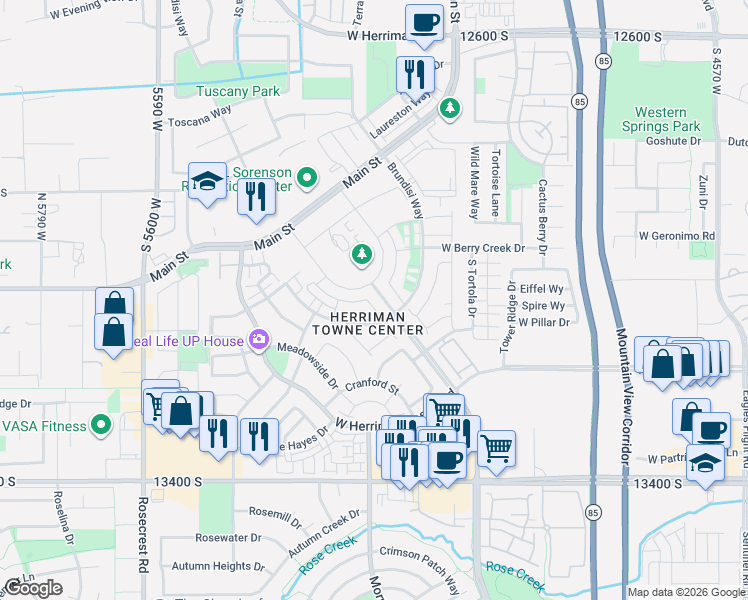 map of restaurants, bars, coffee shops, grocery stores, and more near 13162 Newbridge Lane in Herriman