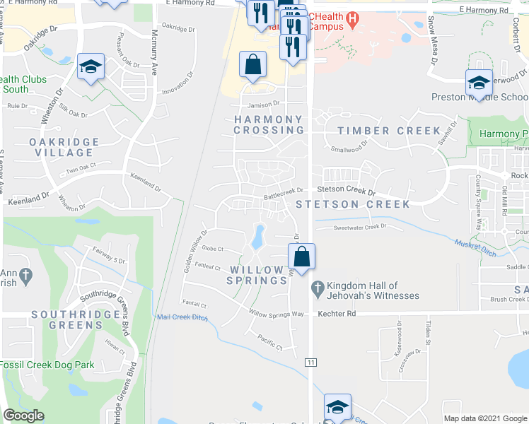 map of restaurants, bars, coffee shops, grocery stores, and more near 1906 Topanga Court in Fort Collins