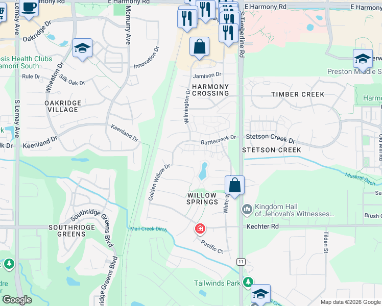 map of restaurants, bars, coffee shops, grocery stores, and more near 5225 White Willow Drive in Fort Collins