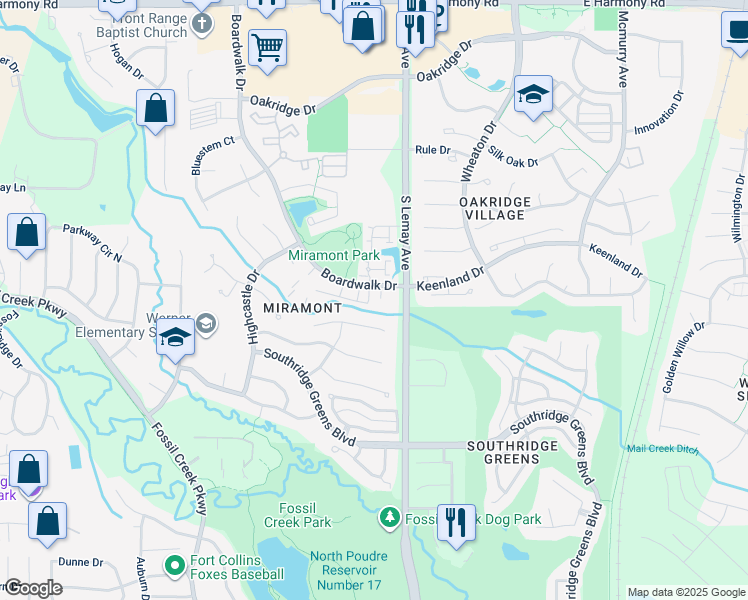 map of restaurants, bars, coffee shops, grocery stores, and more near 1006 Belvedere Court in Fort Collins