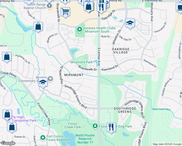 map of restaurants, bars, coffee shops, grocery stores, and more near 1006 Belvedere Court in Fort Collins