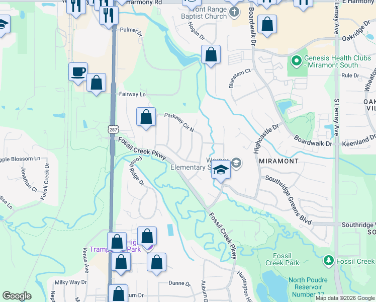 map of restaurants, bars, coffee shops, grocery stores, and more near 5228 Greenview Drive in Fort Collins