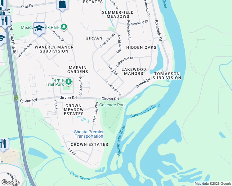 map of restaurants, bars, coffee shops, grocery stores, and more near 2950 Girvan Road in Redding