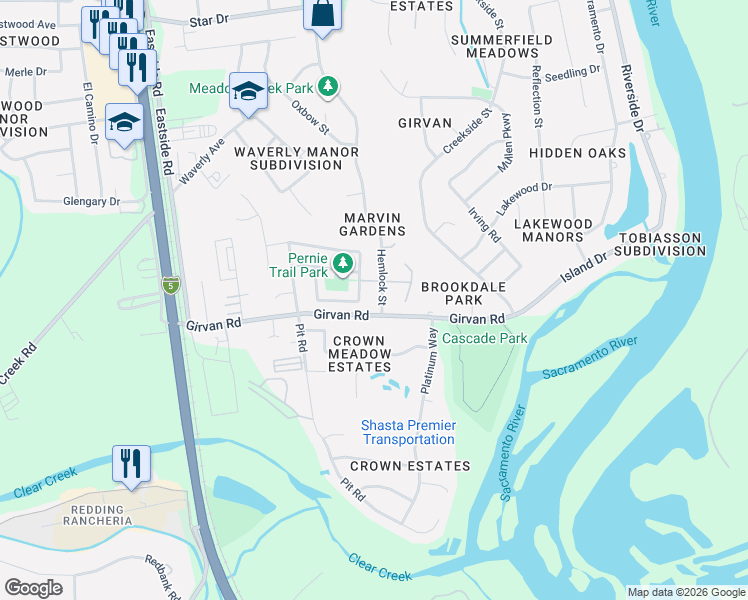map of restaurants, bars, coffee shops, grocery stores, and more near 7093 Hemlock Street in Redding