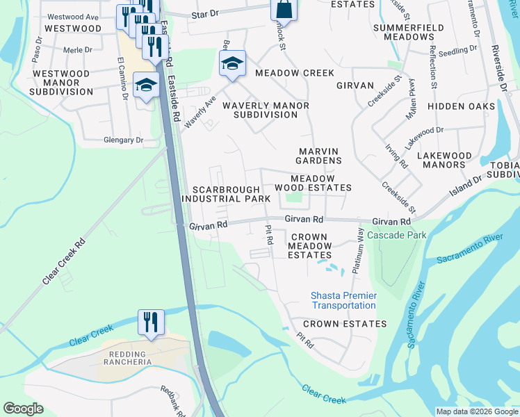 map of restaurants, bars, coffee shops, grocery stores, and more near 2525 Girvan Road in Redding