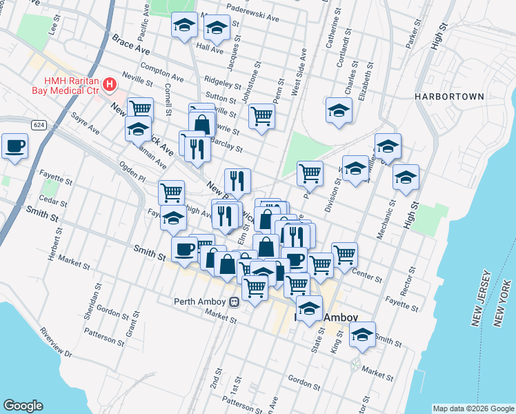 map of restaurants, bars, coffee shops, grocery stores, and more near 264-270 New Brunswick Avenue in Perth Amboy
