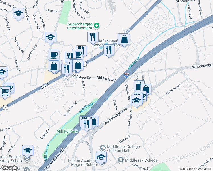 map of restaurants, bars, coffee shops, grocery stores, and more near 611 Old Post Road in Edison