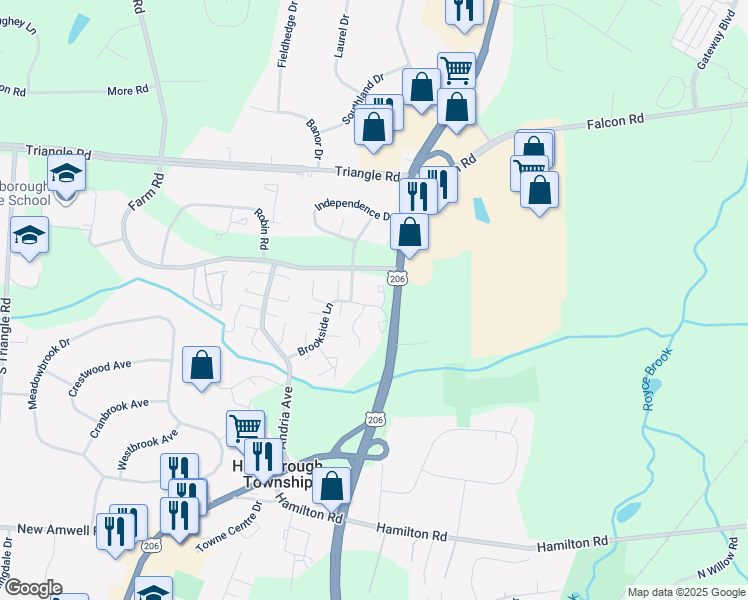 map of restaurants, bars, coffee shops, grocery stores, and more near 603 East Brookside Lane in Somerset County