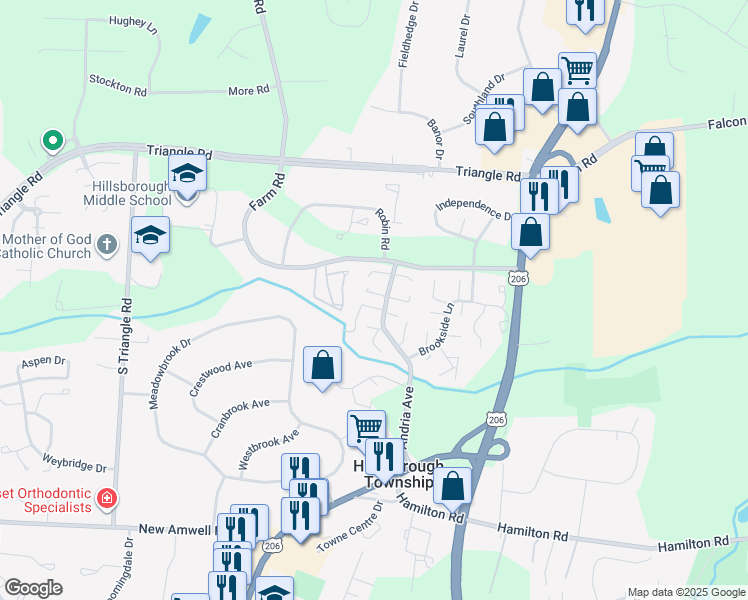 map of restaurants, bars, coffee shops, grocery stores, and more near 538 Andria Avenue in Hillsborough Township