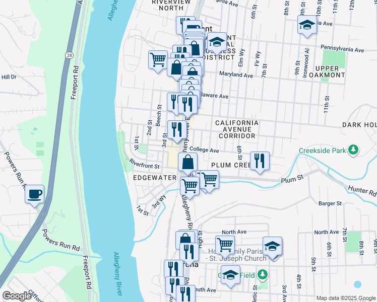 map of restaurants, bars, coffee shops, grocery stores, and more near 111 Allegheny Avenue in Oakmont