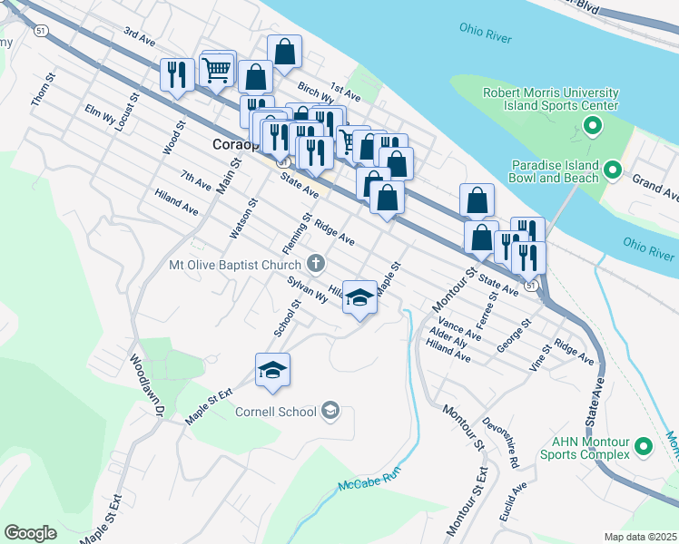 map of restaurants, bars, coffee shops, grocery stores, and more near 1213 Hiland Avenue in Coraopolis