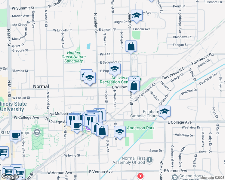 map of restaurants, bars, coffee shops, grocery stores, and more near 400 East Locust Street in Normal