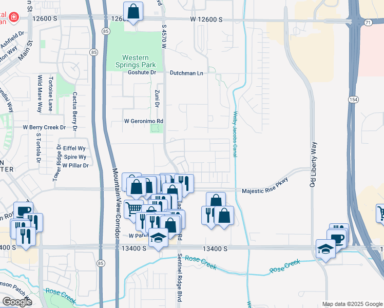 map of restaurants, bars, coffee shops, grocery stores, and more near 13077 South Kruger Lane in Riverton