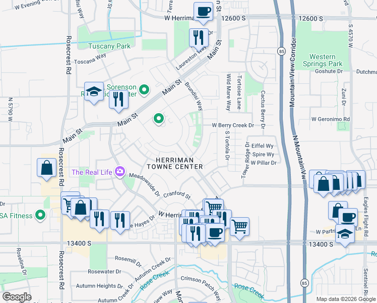 map of restaurants, bars, coffee shops, grocery stores, and more near 13128 Keegan Drive in Herriman