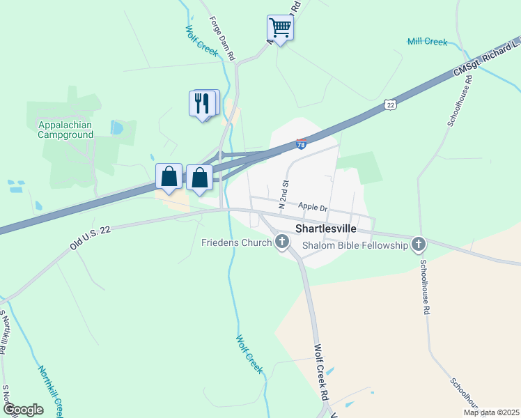 map of restaurants, bars, coffee shops, grocery stores, and more near 5718 Old U.S. 22 in Shartlesville