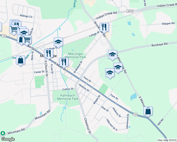 map of restaurants, bars, coffee shops, grocery stores, and more near 38 North Sycamore Street in Macungie
