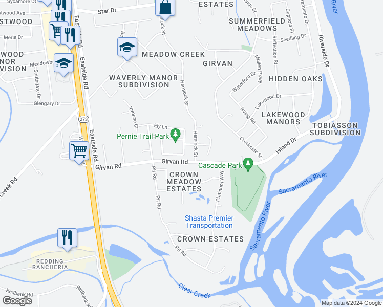 map of restaurants, bars, coffee shops, grocery stores, and more near 7056 Hemlock Street in Redding