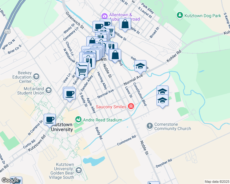 map of restaurants, bars, coffee shops, grocery stores, and more near 212 South Whiteoak Street in Kutztown