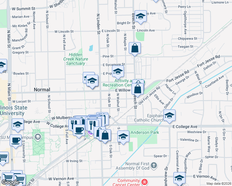 map of restaurants, bars, coffee shops, grocery stores, and more near 400 East Locust Street in Normal
