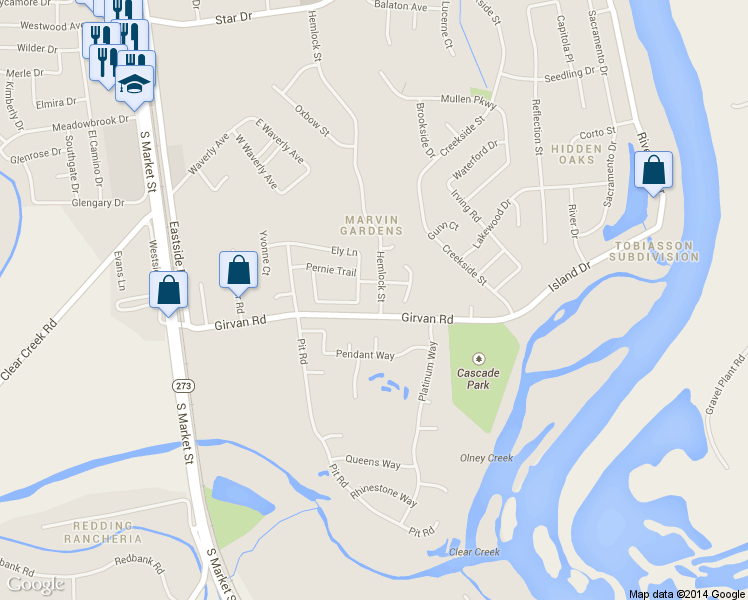 map of restaurants, bars, coffee shops, grocery stores, and more near 7093 Hemlock Street in Redding