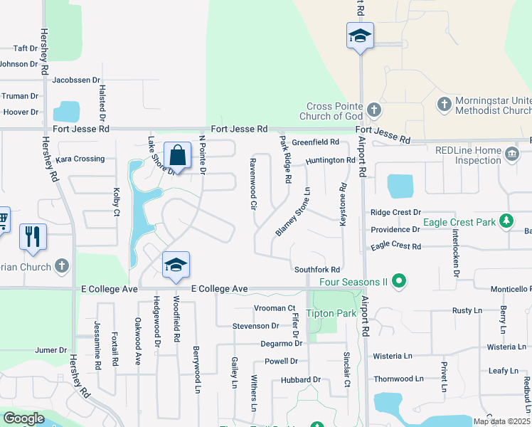 map of restaurants, bars, coffee shops, grocery stores, and more near 2604 Park Ridge Road in Bloomington