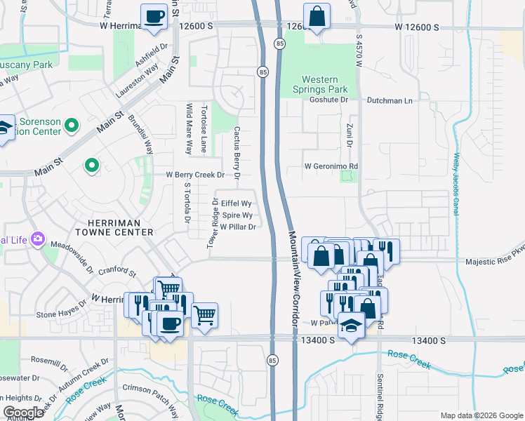 map of restaurants, bars, coffee shops, grocery stores, and more near 13073 Cannon View Drive in Riverton
