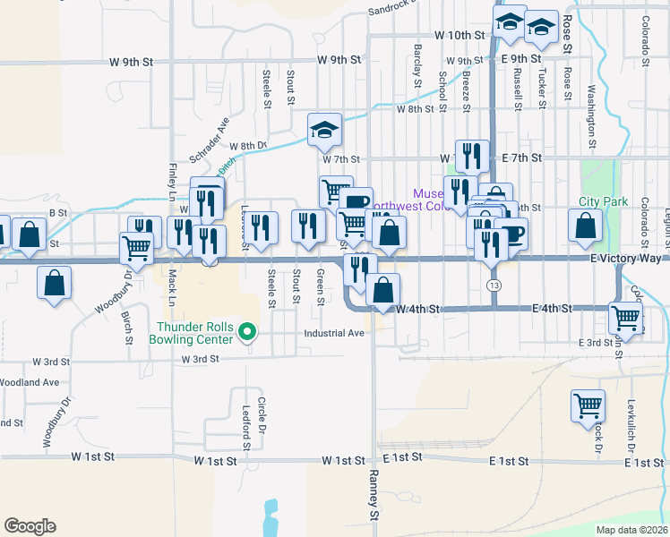 map of restaurants, bars, coffee shops, grocery stores, and more near 403-405 Pershing St in Craig