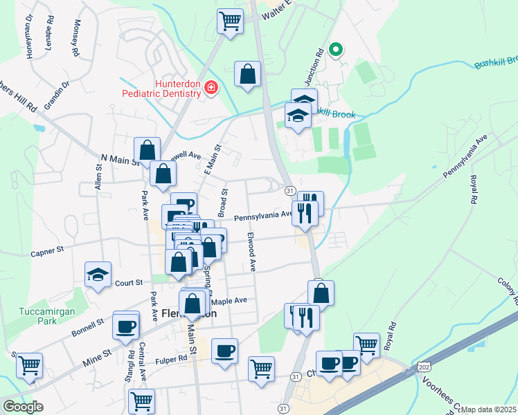 map of restaurants, bars, coffee shops, grocery stores, and more near 42 Pennsylvania Avenue in Flemington