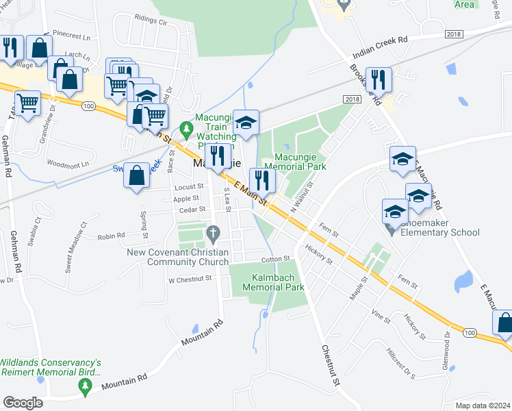 map of restaurants, bars, coffee shops, grocery stores, and more near 164 East Main Street in Macungie