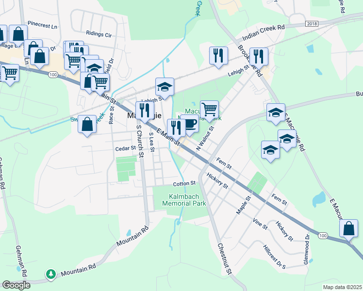map of restaurants, bars, coffee shops, grocery stores, and more near Poplar Street in Macungie