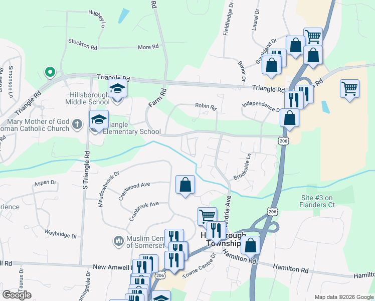 map of restaurants, bars, coffee shops, grocery stores, and more near 180 Wildflower Lane in Somerset County