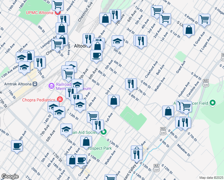 map of restaurants, bars, coffee shops, grocery stores, and more near 818-28 2nd Ave in Altoona