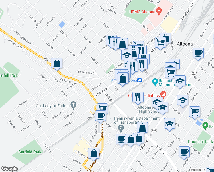 map of restaurants, bars, coffee shops, grocery stores, and more near 1105-1119 16th Street in Altoona