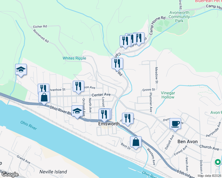 map of restaurants, bars, coffee shops, grocery stores, and more near 134 Center Avenue in Emsworth