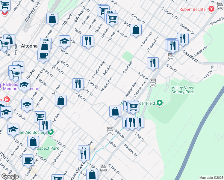 map of restaurants, bars, coffee shops, grocery stores, and more near Grant Avenue in Altoona