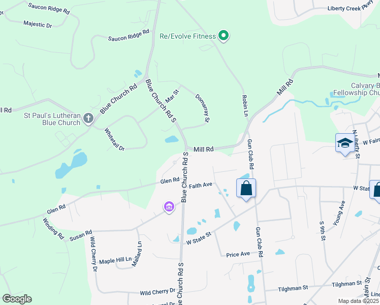map of restaurants, bars, coffee shops, grocery stores, and more near 6343 Blue Church Road South in Coopersburg