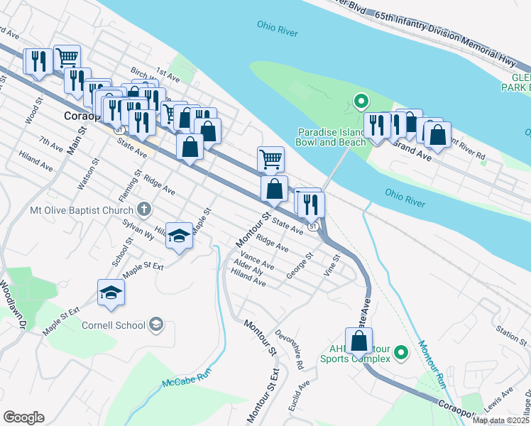 map of restaurants, bars, coffee shops, grocery stores, and more near 1449 State Avenue in Coraopolis